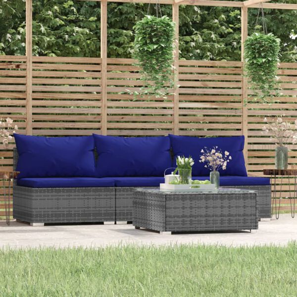 vidaXL Salon de jardin 4 pcs avec coussins Gris R&eacute;sine tress&eacute;e