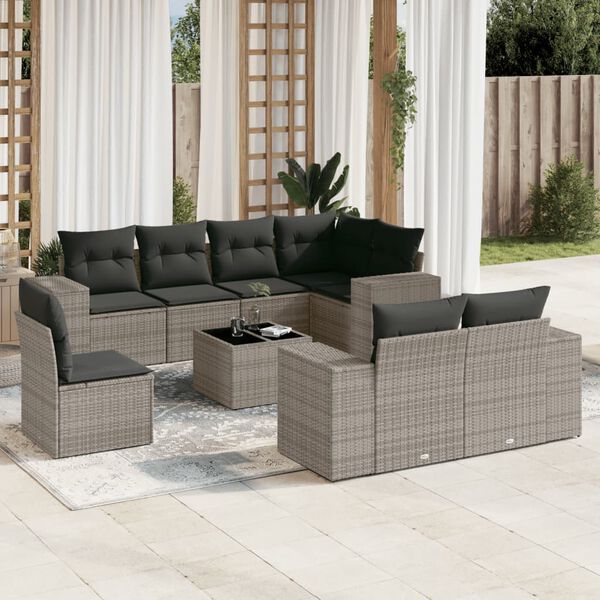 vidaXL Salon de jardin 9 pcs avec coussins gris r&eacute;sine tress&eacute;e
