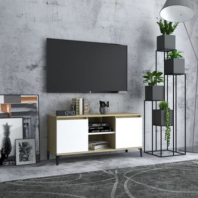 vidaXL Meuble TV avec pieds en métal Blanc/chêne sonoma 103,5x35x50 cm