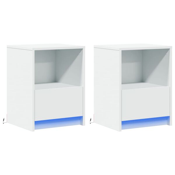 vidaXL Armoires de chevet et lumi&egrave;res LED 2pcs blanc bois d'ing&eacute;nierie