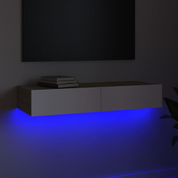 vidaXL Meuble TV avec lumi&egrave;res LED Blanc et ch&ecirc;ne sonoma 90x35x15,5 cm