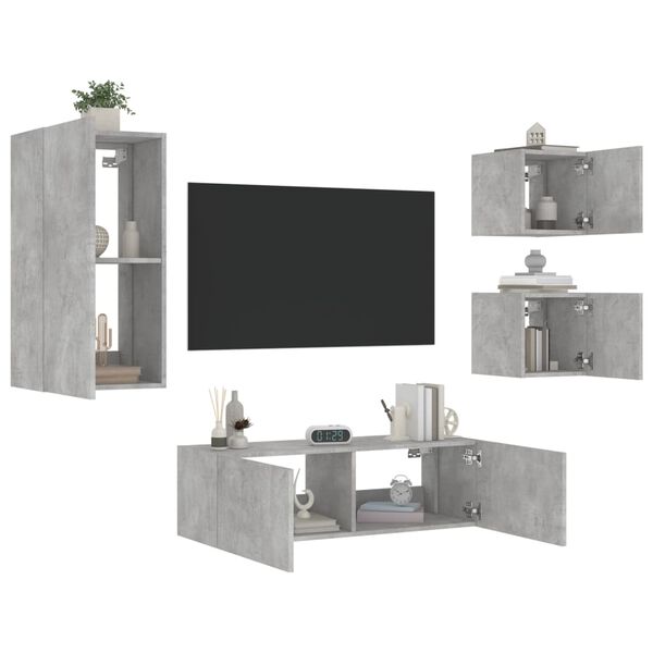 vidaXL Meuble TV muraux 4 pcs avec lumi&egrave;res LED gris b&eacute;ton