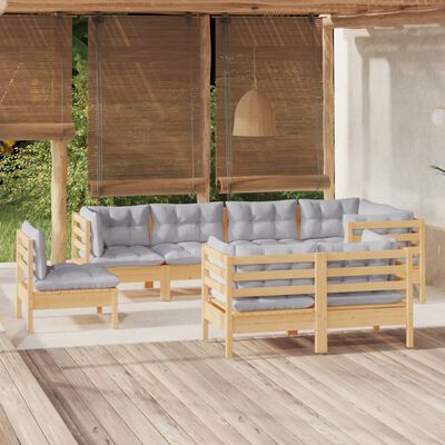vidaXL Salon de jardin 8 pcs avec coussins gris bois de pin massif