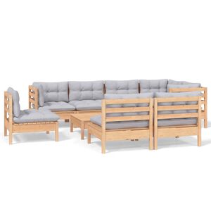 vidaXL Salon de jardin 9 pcs avec coussins gris bois de pin massif