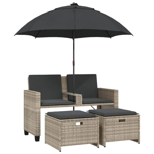 vidaXL Canapé de jardin 2 places et parasol tabourets gris clair rotin
