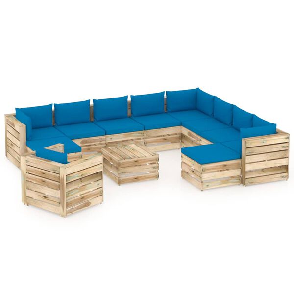 vidaXL Salon de jardin 12 pcs avec coussins Bois impr&eacute;gn&eacute; de vert