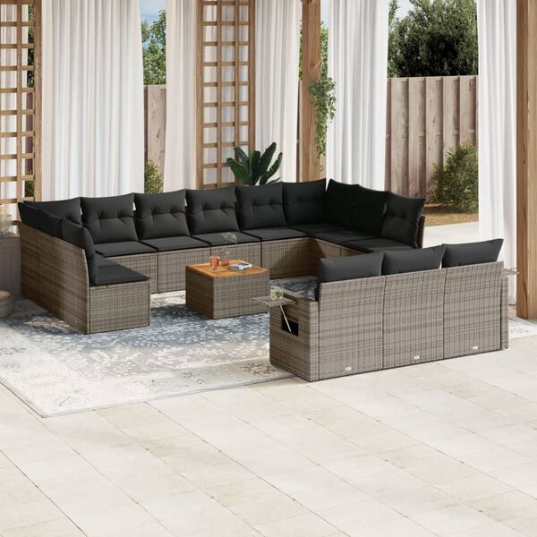 vidaXL Salon de jardin avec coussins 14 pcs gris r&eacute;sine tress&eacute;e