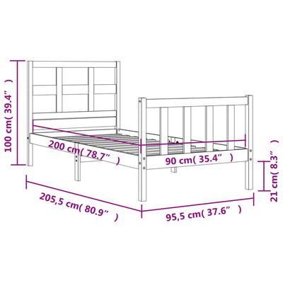 vidaXL Cadre de lit avec tête de lit 90x200 cm bois massif