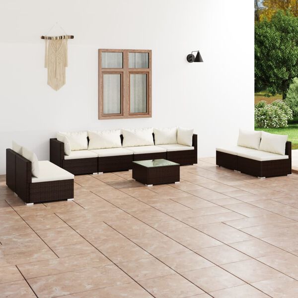 vidaXL Salon de jardin 9 pcs avec coussins R&eacute;sine tress&eacute;e Marron