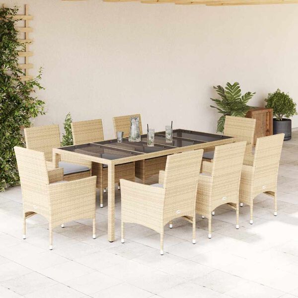 vidaXL Ensemble &agrave; manger de jardin et coussins 9 pcs beige rotin verre