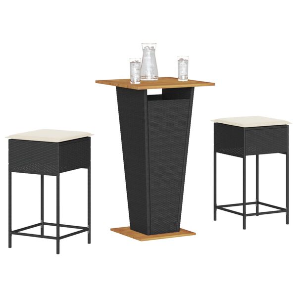 vidaXL Ensemble de bar de jardin 3 pcs avec coussins noir poly rotin