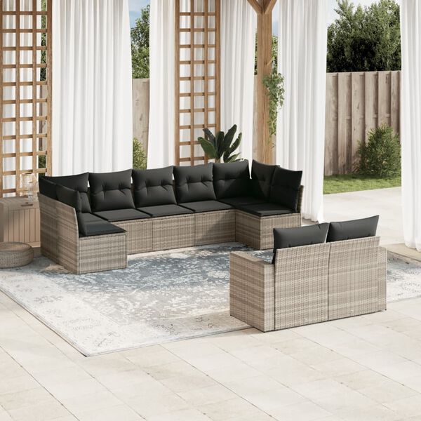 vidaXL Salon de jardin 9 pcs avec coussins gris clair r&eacute;sine tress&eacute;e