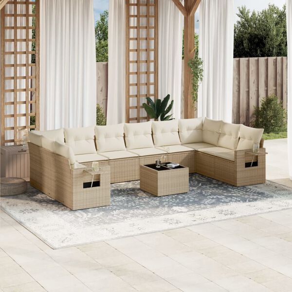vidaXL Salon de jardin 11 pcs avec coussins beige r&eacute;sine tress&eacute;e