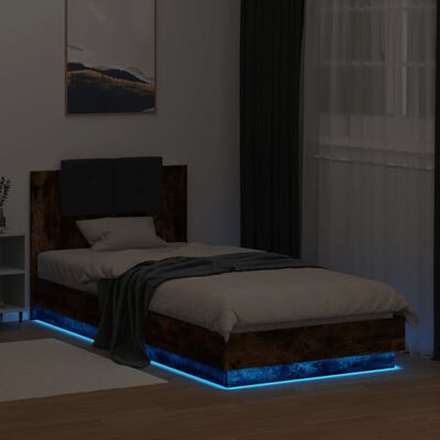 vidaXL Cadre de lit tête de lit et lumières LED chêne fumé 90x200 cm