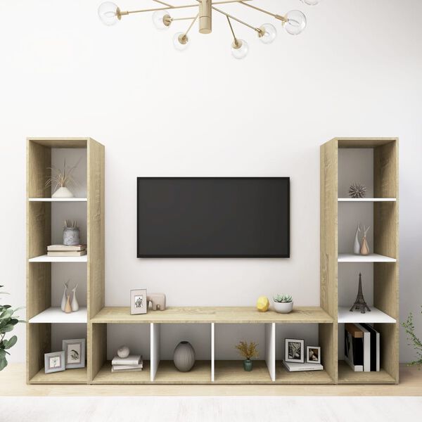 vidaXL Meubles TV 3pcs Blanc et ch&ecirc;ne sonoma Bois d'ing&eacute;nierie
