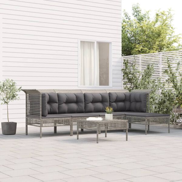 vidaXL Salon de jardin 6 pcs avec coussins Gris R&eacute;sine tress&eacute;e