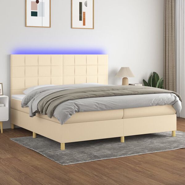 vidaXL Sommier &agrave; lattes de lit et matelas et LED Cr&egrave;me 200x200cm Tissu
