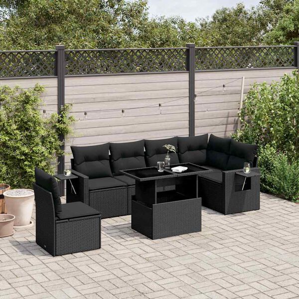 vidaXL Salon de jardin 7 pcs avec coussins noir r&eacute;sine tress&eacute;e