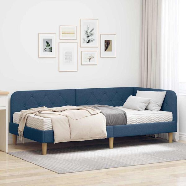 vidaXL Cadre de lit d'angle avec matelas Bleu 90 x 200 cm tissu