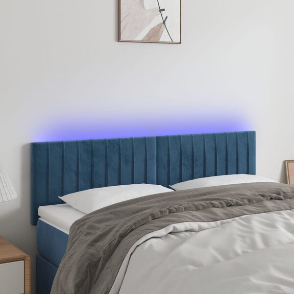 vidaXL T&ecirc;te de lit &agrave; LED Bleu fonc&eacute; 144x5x78/88 cm Velours