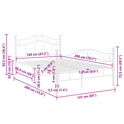 vidaXL Cadre de lit sans matelas blanc métal 120x200 cm