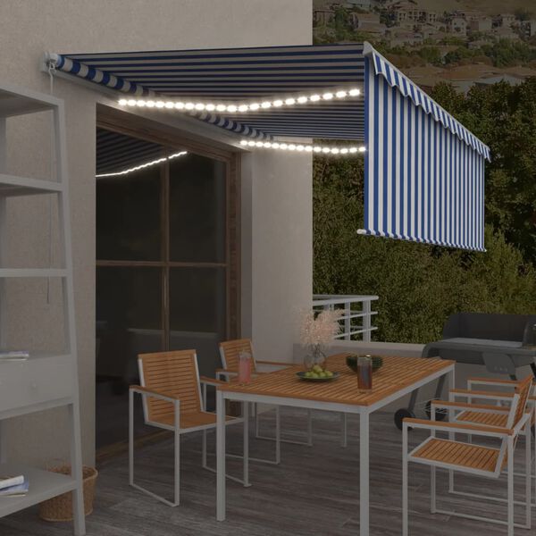 vidaXL Auvent manuel rétractable avec store et LED 4,5x3 m Bleu blanc