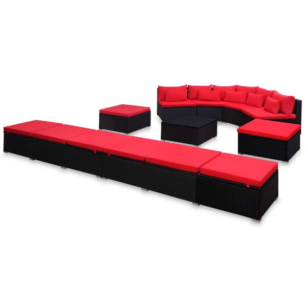 vidaXL Salon de jardin 9 pcs avec coussins r&eacute;sine tress&eacute;e rouge