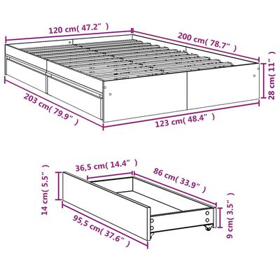 vidaXL Cadre de lit et tiroirs sonoma gris 120x200cm bois d'ingénierie