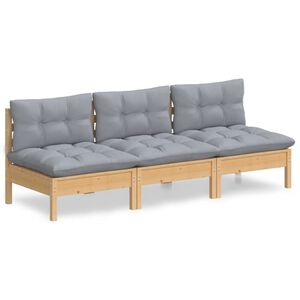 vidaXL Canap&eacute; 3 places de jardin et coussins gris Bois de pin solide