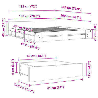 vidaXL Cadre de lit à tiroirs chêne sonoma 180x200cm bois d'ingénierie