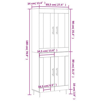 vidaXL Buffet haut Sonoma gris 69,5x34x180 cm Bois d'ingénierie