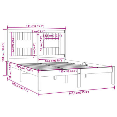 vidaXL Cadre de lit Noir Bois massif 135x190 cm Double