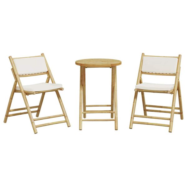 vidaXL Ensemble de bistro pliante 3 pcs et coussins blanc cr&egrave;me bambou