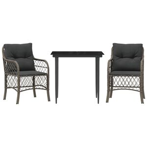 vidaXL Ensemble de bistro 3 pcs avec coussins gris r&eacute;sine tress&eacute;e