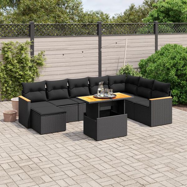 vidaXL Salon de jardin 9 pcs avec coussins noir r&eacute;sine tress&eacute;e