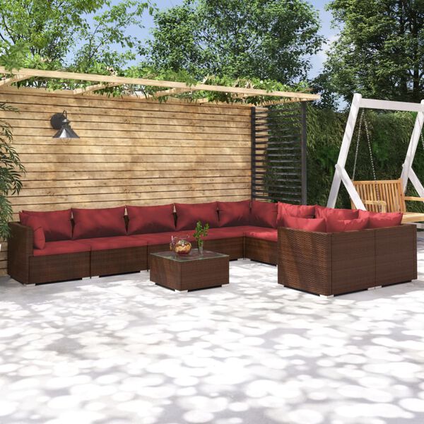 vidaXL Salon de jardin 10 pcs avec coussins R&eacute;sine tress&eacute;e Marron