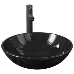 vidaXL Lavabo de bain avec robinet et drain &agrave; poussoir Verre tremp&eacute;