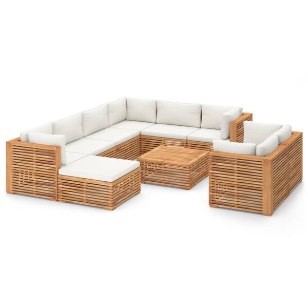vidaXL Salon de jardin 10 pcs avec coussin cr&egrave;me Bois de teck solide