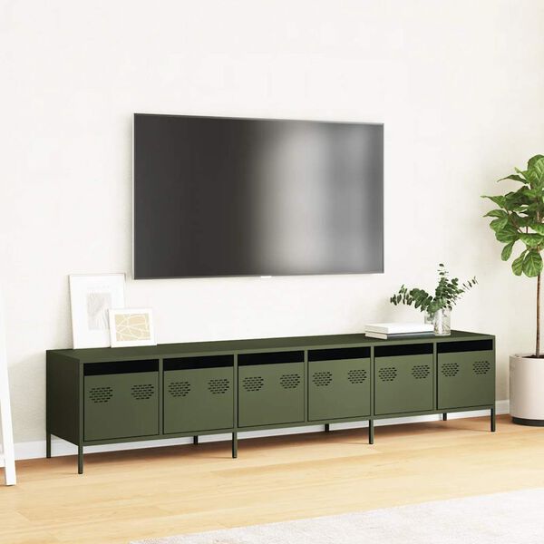 vidaXL Meuble TV vert olive 202x39x43,5 cm acier lamin&eacute; &agrave; froid