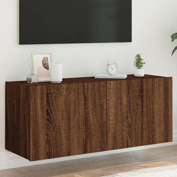 vidaXL Meuble TV mural avec lumi&egrave;res LED ch&ecirc;ne marron 100x35x41 cm