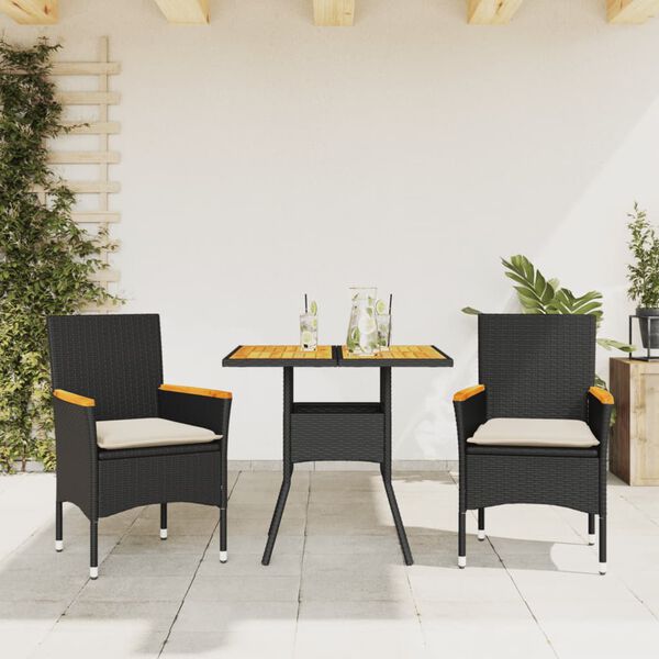 vidaXL Ensemble &agrave; manger de jardin et coussins 3 pcs noir rotin acacia