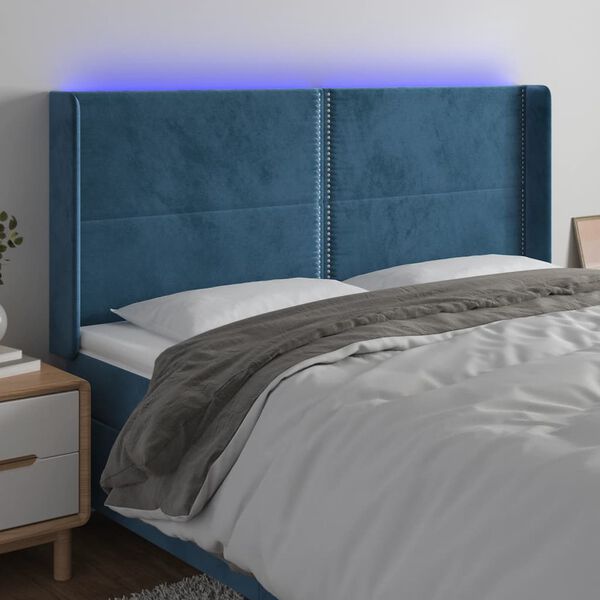 vidaXL T&ecirc;te de lit &agrave; LED Bleu fonc&eacute; 203x16x118/128 cm Velours