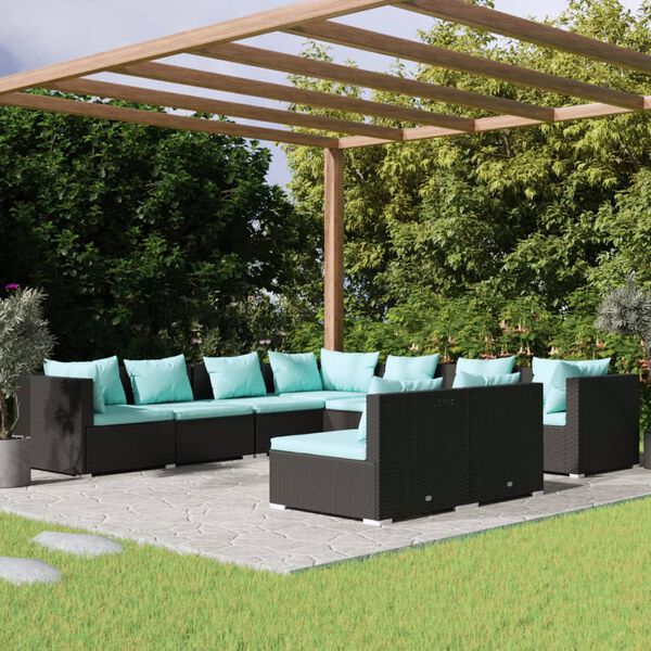 vidaXL Salon de jardin 9 pcs avec coussins Noir R&eacute;sine tress&eacute;e