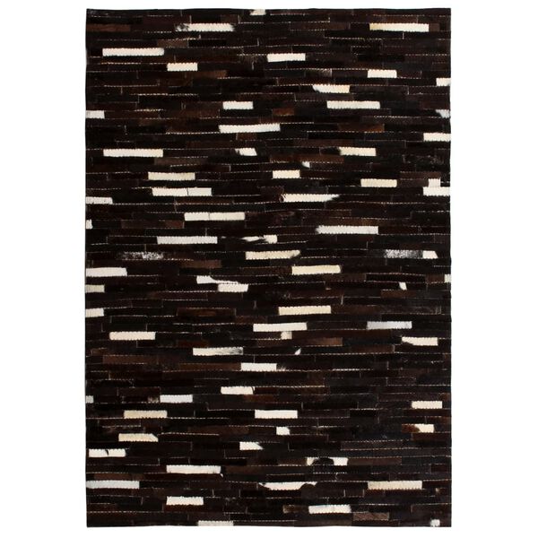 vidaXL Tapis Cuir v&eacute;ritable Patchwork 80 x 150 cm Rayures Noir/Blanc