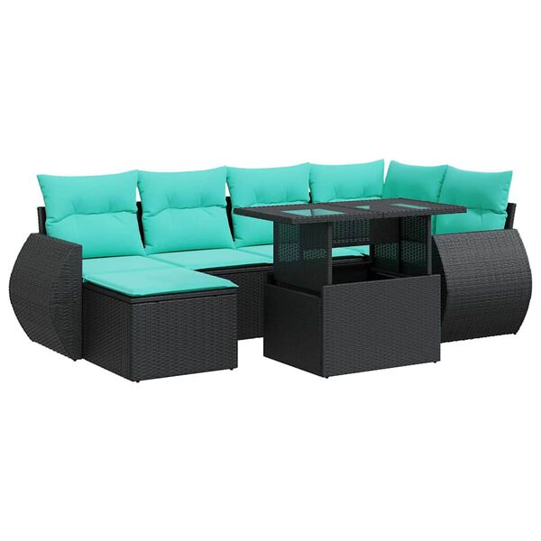 vidaXL Salon de jardin avec coussins 7 pcs noir r&eacute;sine tress&eacute;e acacia