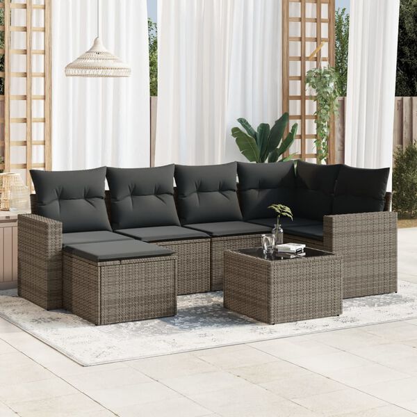 vidaXL Salon de jardin avec coussins 7 pcs gris r&eacute;sine tress&eacute;e