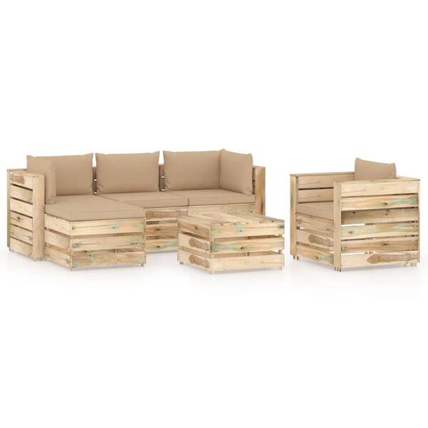 vidaXL Salon de jardin 6 pcs avec coussins Bois impr&eacute;gn&eacute; de vert