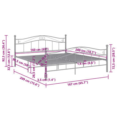 vidaXL Cadre de lit sans matelas gris métal 160x200 cm