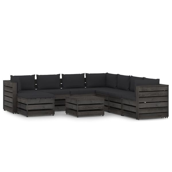 vidaXL Salon de jardin 9 pcs avec coussins Bois impr&eacute;gn&eacute; de gris