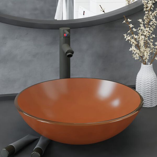 vidaXL Lavabo de bain avec robinet et drain &agrave; poussoir Verre tremp&eacute;